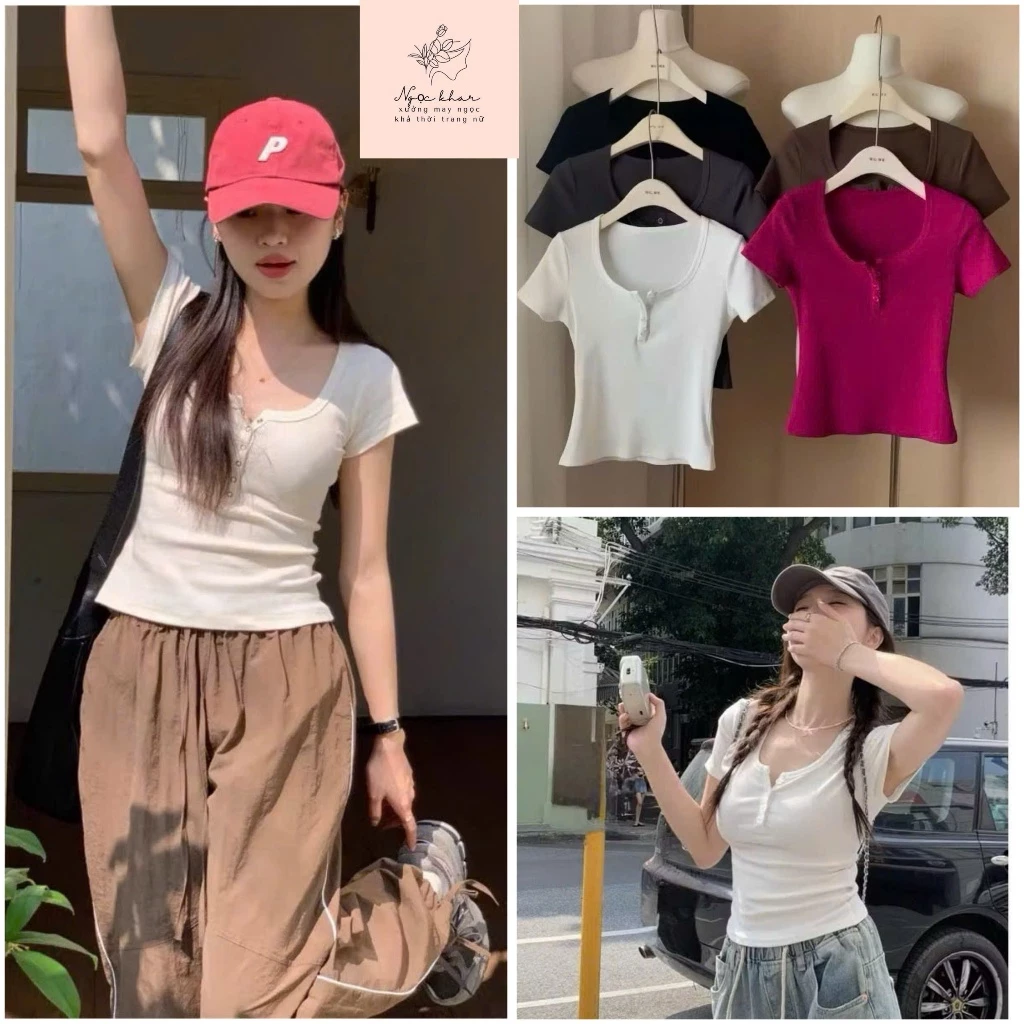 [ COMBO ÁO ] Áo Croptop Ngắn Tay Cổ VUÔNG Phối Khuy Bấm Form Dáng Basic Chất Thun Tăm Co Giãn Dễ Phối Đồ
