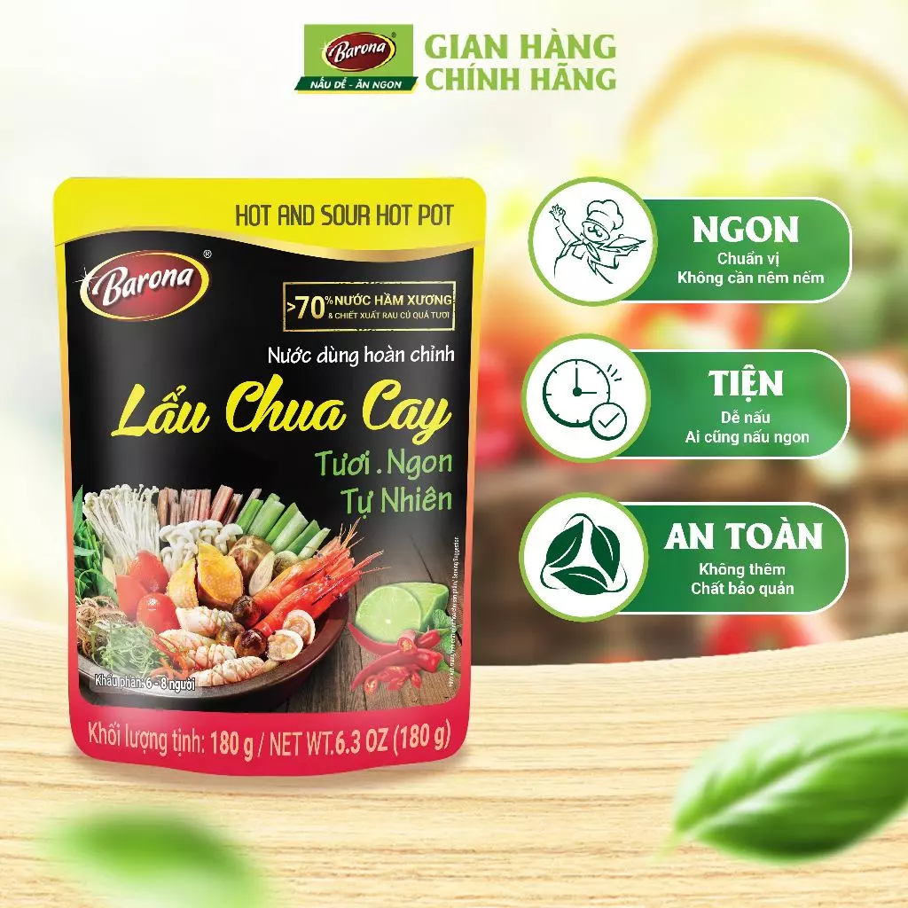 Nước Dùng Lẩu Chua Cay Barona 180g tươi ngon chuẩn vị không cần nêm nếm