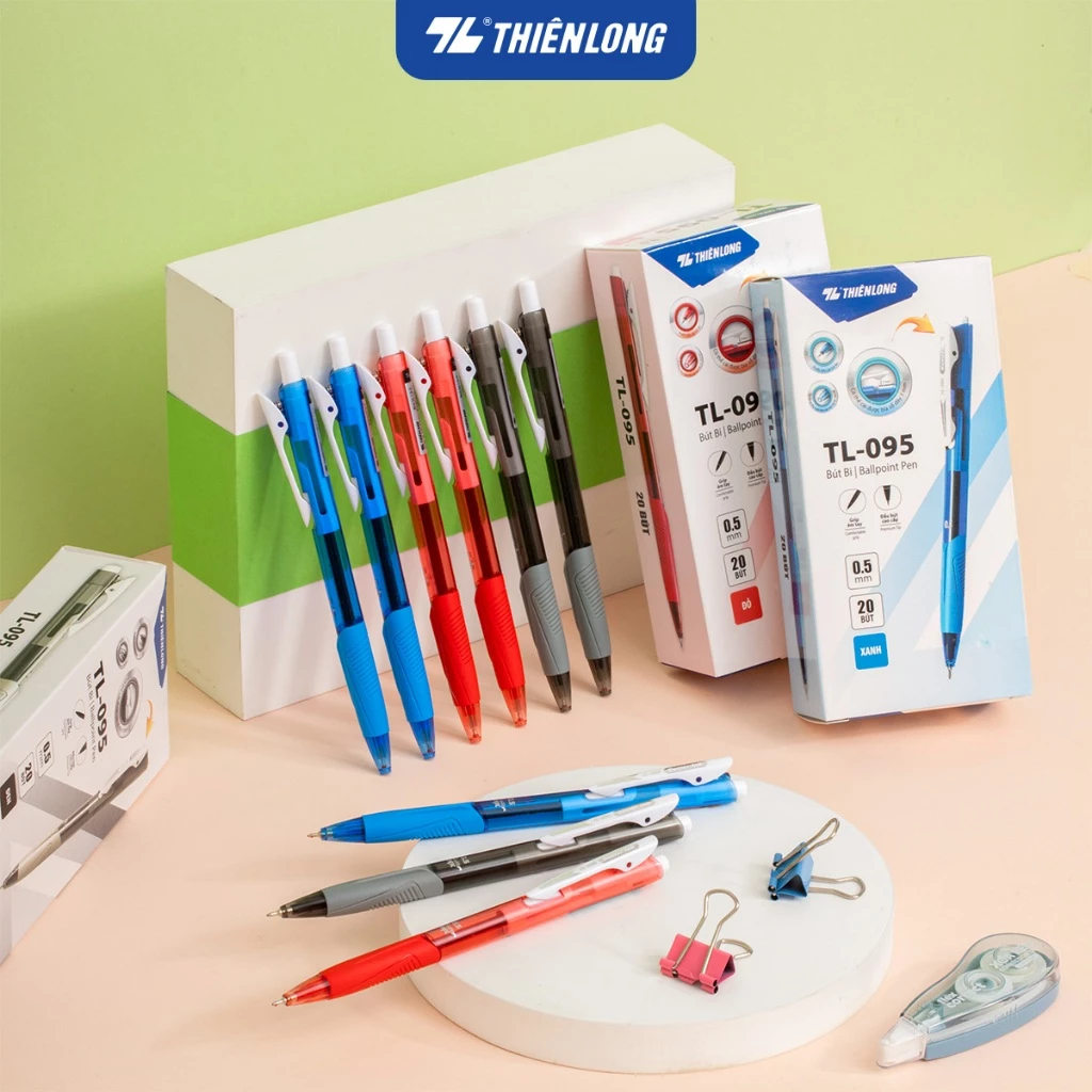 Combo 20 cây Bút bi Thiên Long TL-095 mực xanh/đỏ/đen ngòi 0.5mm kiểu dáng hiện đại cầm tay thoải mái, nét đều trơn
