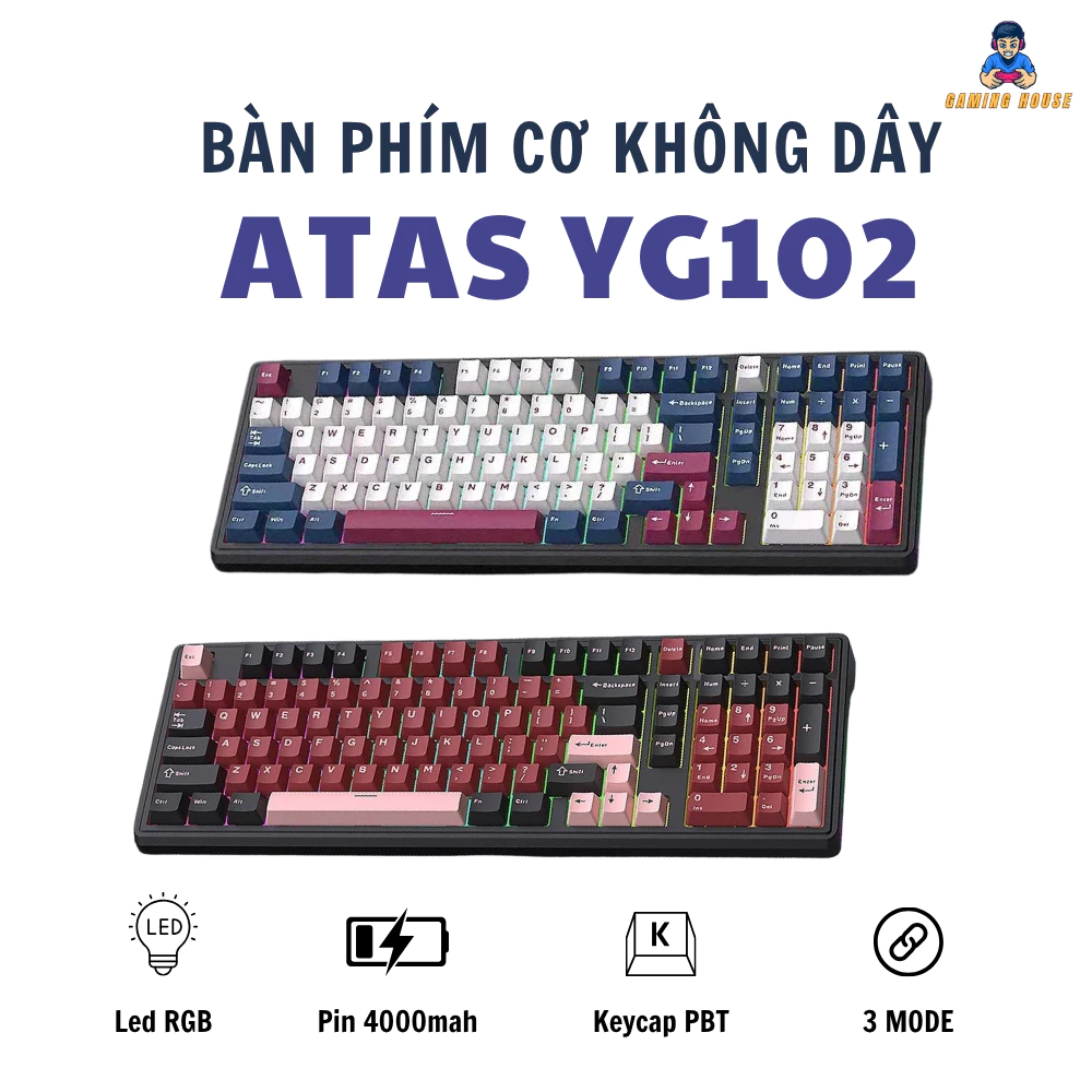 Bàn phím cơ không dây ATAS YG102 - 3 mode kết nối - LED RGB - Có App Marco - Mạch xuôi 5 Pin - Lube sẵn