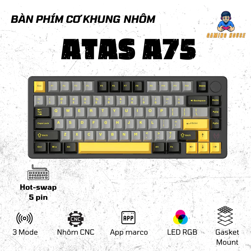 Bàn phím cơ khung nhôm ATAS A75 ALUMINUM - 3 mode kết nối - LED RGB - APP Marco - Hot-swap 5 pin
