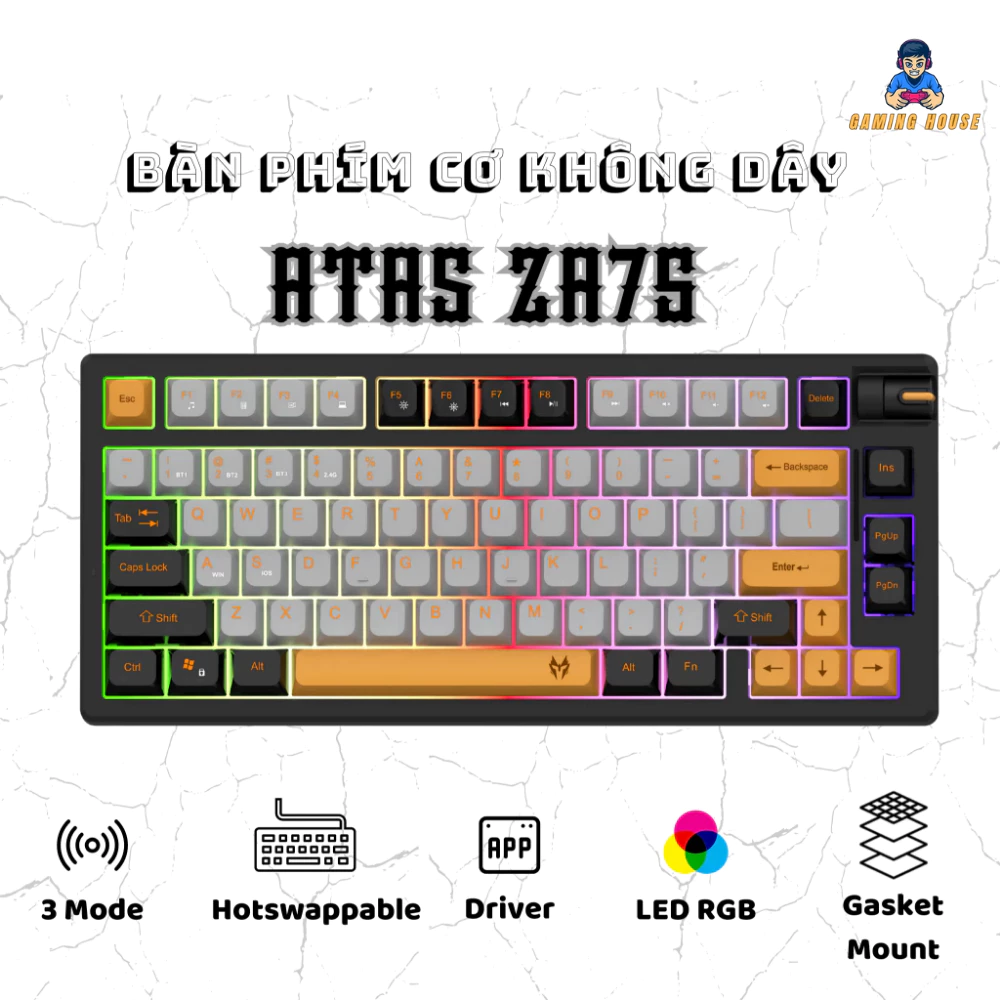 Bàn phím không dây ATAS ZA75 -  3 mode kết nối - LED RGB - Hotswap 5 pin - APP tùy chỉnh - Switch Tactile