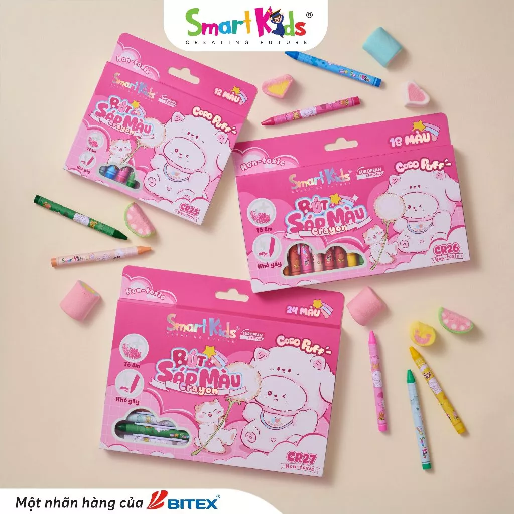 [MỚI VỀ] Bút sáp màu Smartkids Coco Puff 12/18/24 màu tô (CR25/ CR26/ CR27)