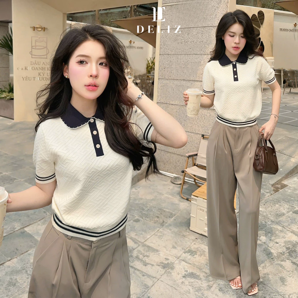 DELIZ - Áo len nữ cổ sen polo phối cúc dệt vân nổi dáng trơn basic len lông thỏ PL30 DELIZ
