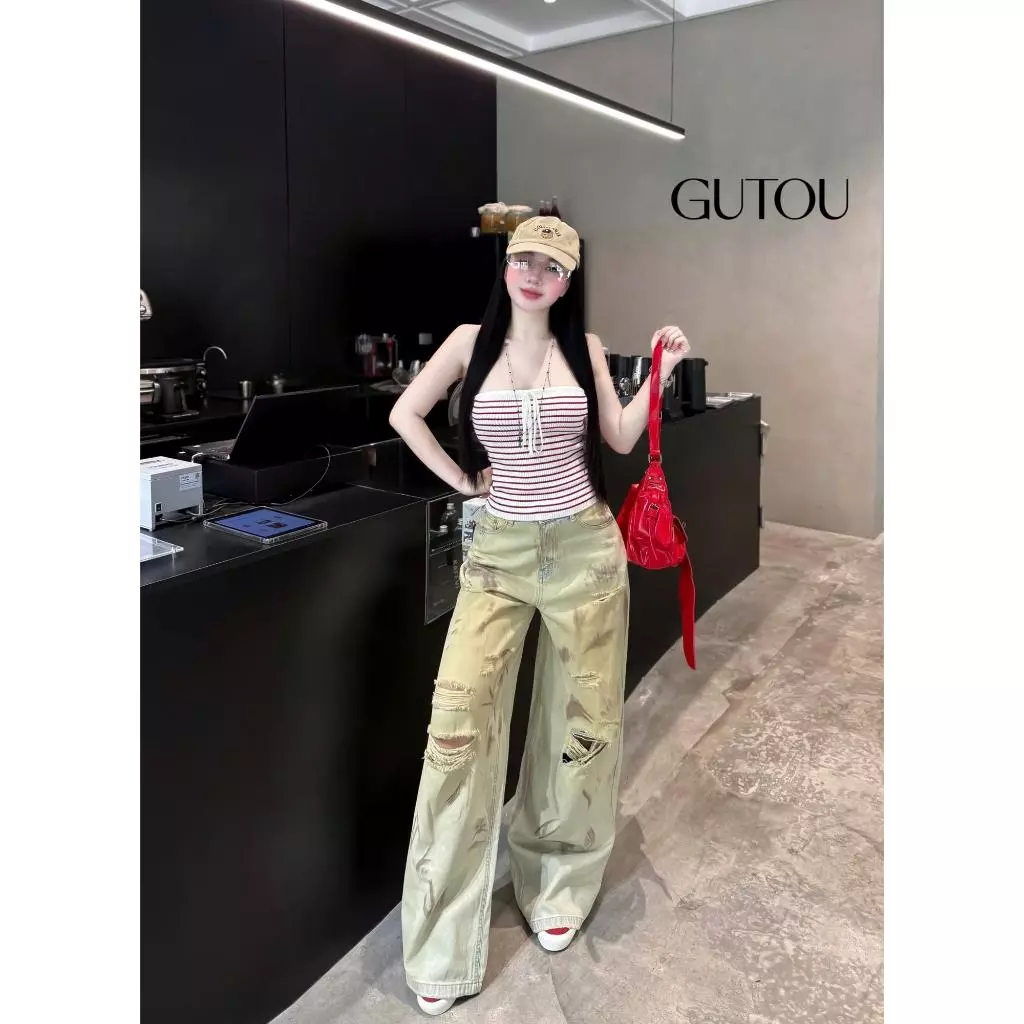 [ GUTOU ] Quần Jean Suông Rách Gối Street Style G102