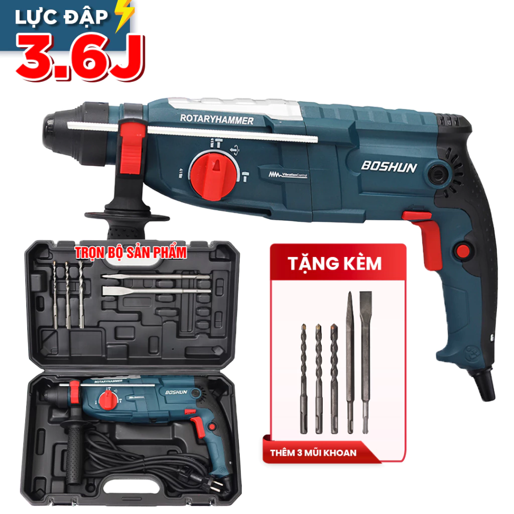 [MỚI] Máy khoan bê tông pin BOSHUN BS-RH1050W 3 Chức Năng 1050W Plus 28mm - Lõi Đồng 100%