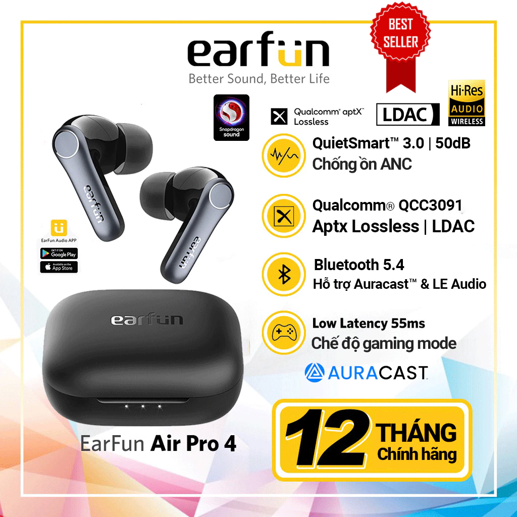 Tai nghe bluetooth True Wireless Earfun Air Pro 4 bluetooth 5.4 chống ồn Ultra ANC 50dB âm LDAC