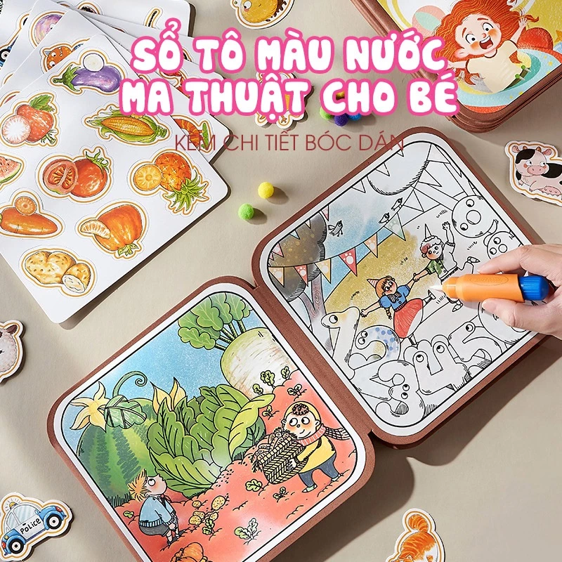 Đồ chơi sổ tô màu nước ma thuật cho bé kèm sticker Tiệm Nhà Mía, đồ chơi sáng tạo rèn luyện tư duy