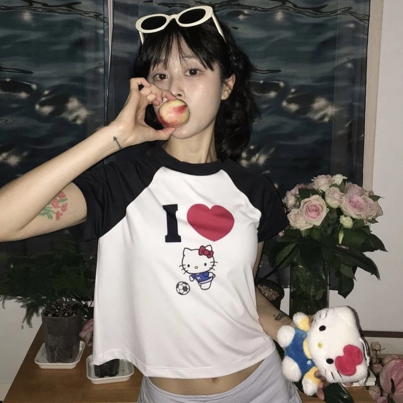 Delightpool Hàn Quốc ngắn tay áo đồng tên Hello Kitty bóng đá in vòng cổ cắm vai ngắn T-shirt áo ngắn cho phụ nữ dễ thươ