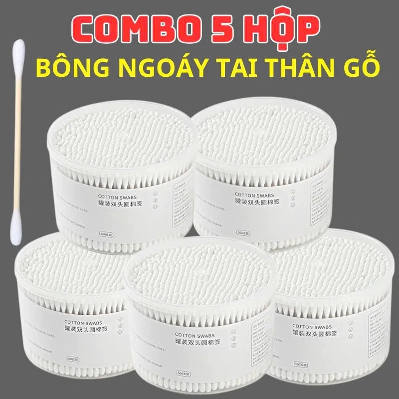 Hộp lớn 500 que tăm bông y tế, tăm bông trang điểm, spa, bông ngoáy tai que gỗ 2 đầu.