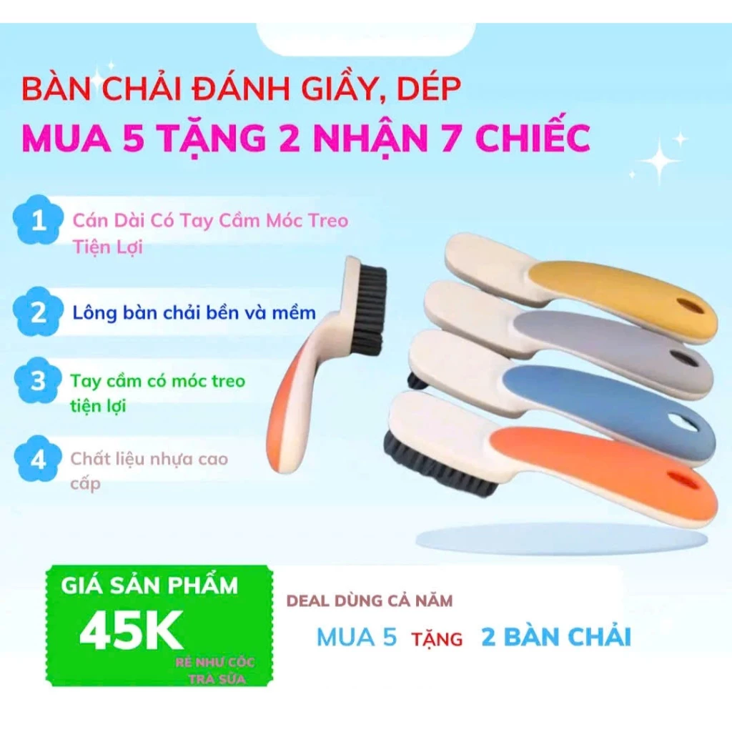 (Mua 5 tặng 2 )Tổng 7 cây Bàn Chải Chà Giày Dép Lông Mềm Làm Sạch Bàn Chải Lông Nhựa Cầm Tay Vệ Sinh Giày Tiện Lợ