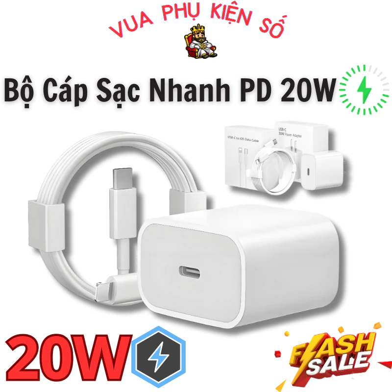 Bộ sạc nhanh (Củ PD 20W + Dây sạc nhanh Type-C) không nóng máy, an toàn ổn định dành cho điện thoại