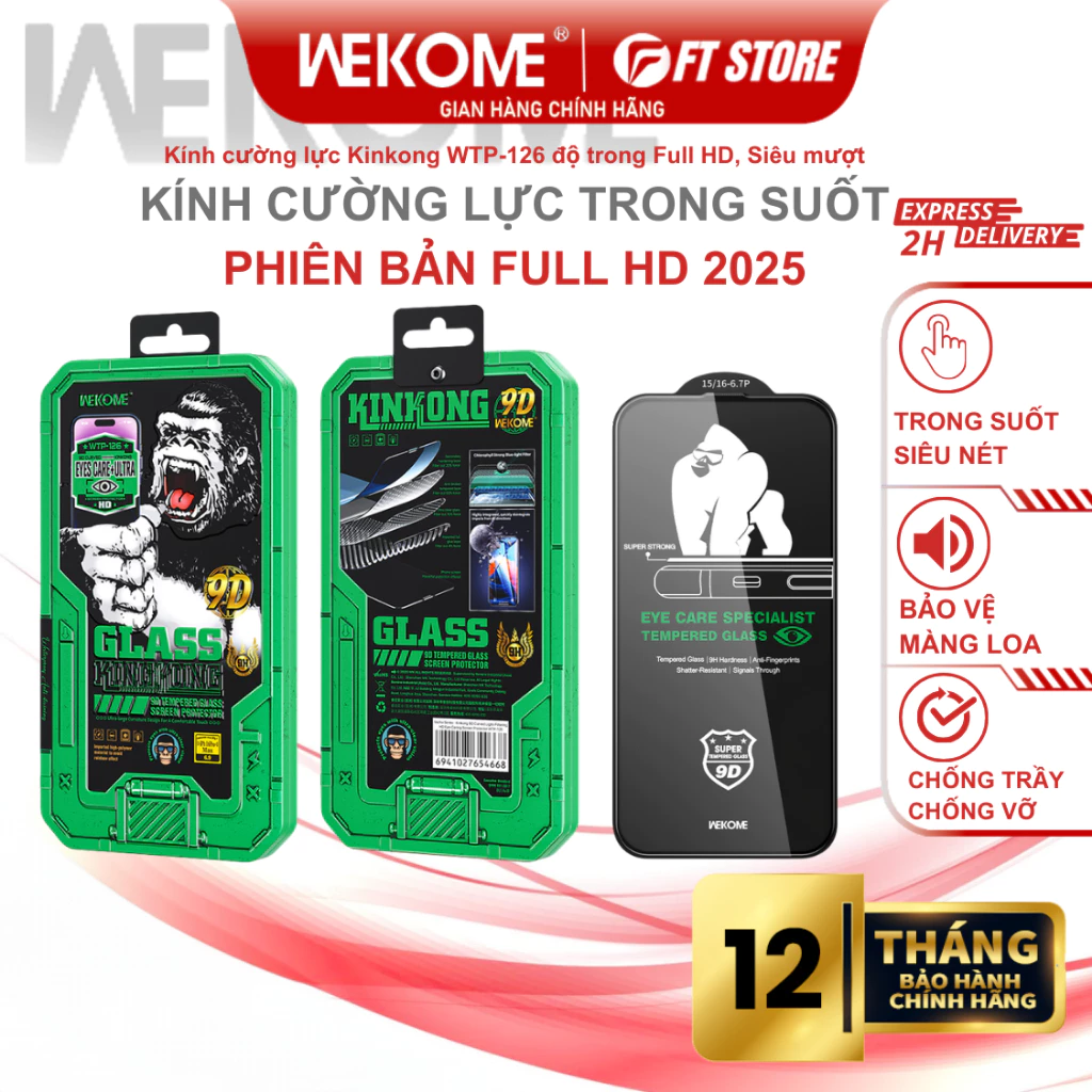 Kính cường lực KinKong WTP-126 Trong suốt Full HD, độ nét cao, Bảo vệ mắt, kính chống trầy, chống va đập