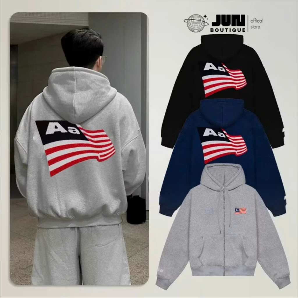 Áo Hoodie Zip Thêu Xù AASTU Chất Nỉ Dày Dặn Chuẩn From Dáng - Áo Khoác Nỉ AASTU Thêu Hình Lá Cờ Cao Cấp Sắc Nét