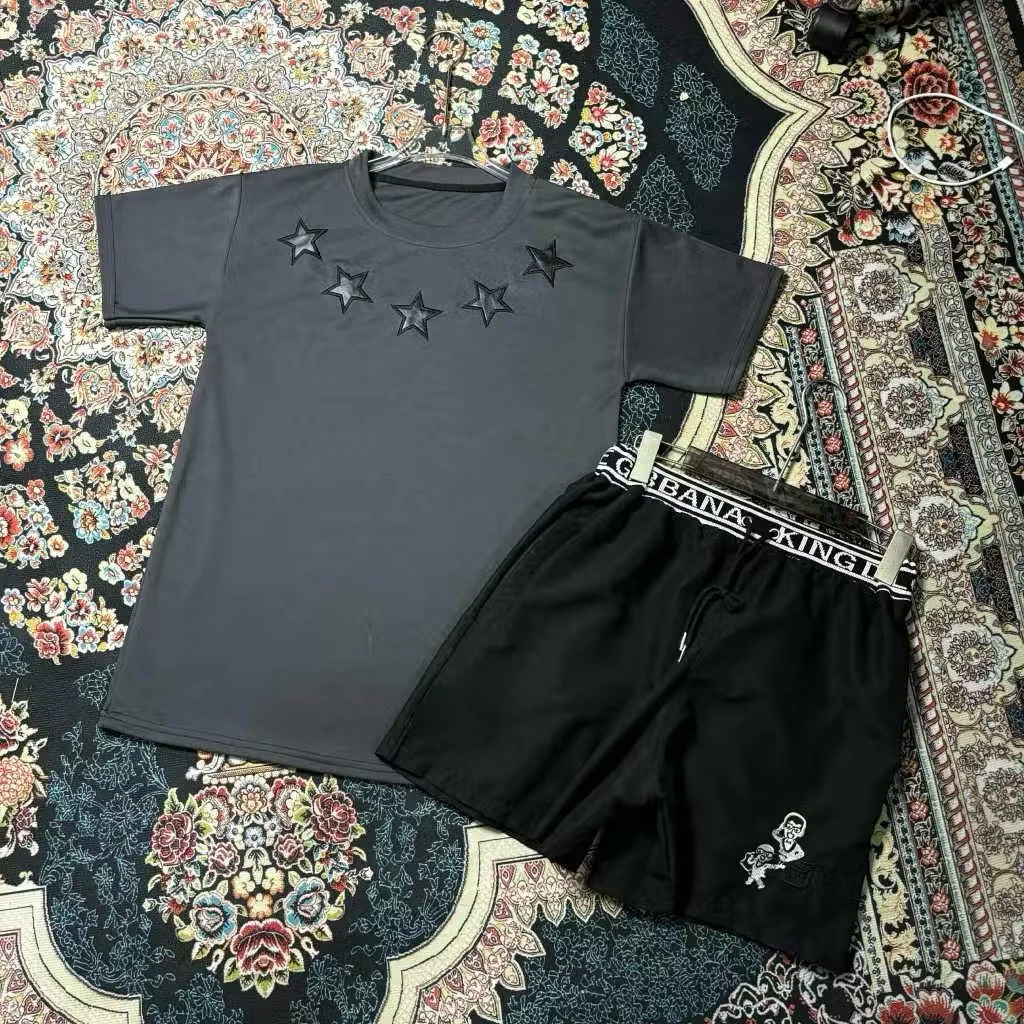 Bộ cộc nam áo thun xám ngôi sao thêu da phối quần short Docel chất thun lạnh dành cho nam nữ from unisex