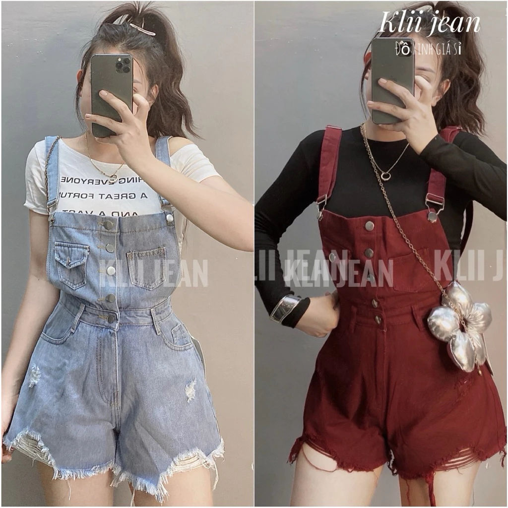 KLii jeans🌷[Dưới m62] Quần yếm jeans kaki 5 khuy rách đùi siêu xinh