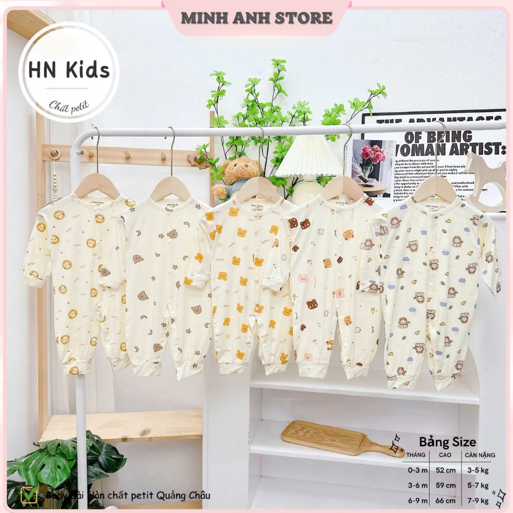 [Hàng chuẩn HN Kids] Body liền thân, body dài Hàn khuy bấm chất petit Quảng Châu size từ 3-9kg BĐ03