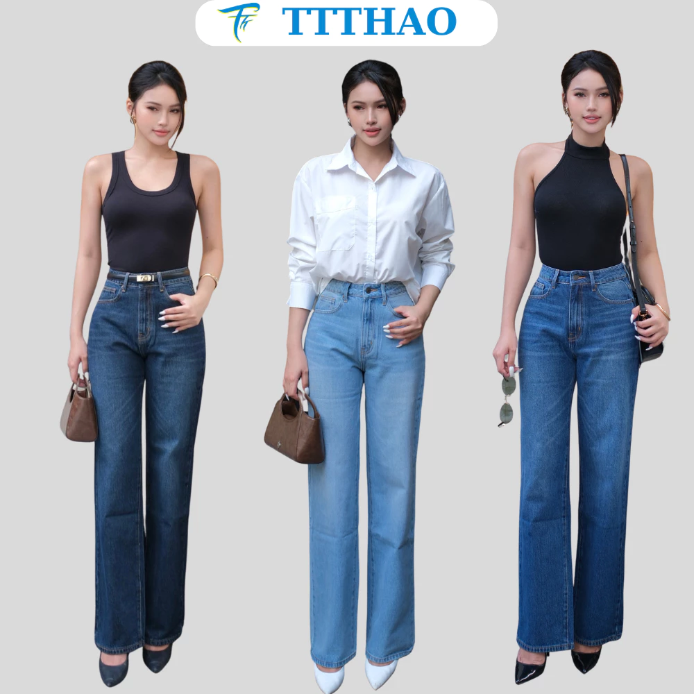 Quần jeans nữ TTTHAO cao cấp ống suông rộng lưng cao 100% jeans cotton không co giãn dài 103cm J18