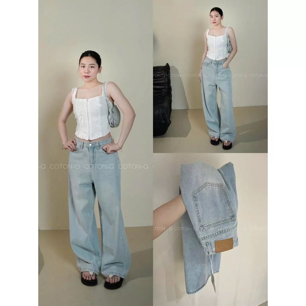 Quần Bò Jeans Nữ Ống Rộng, Quần Bò Denim Suông Ống Rộng Trơn Màu Xanh Phối Mác Da Dây Bản Cạp Cao Siêu Hách Dáng Cực Đỉn