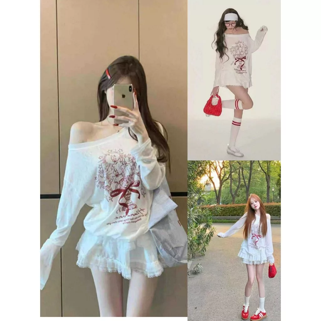 Áo Thun Xước Lệch Vai, Áo Thun Giấy Thu Đông In Hình Dài Tay Phong Cách Hàn Quốc Siêu Xinh
