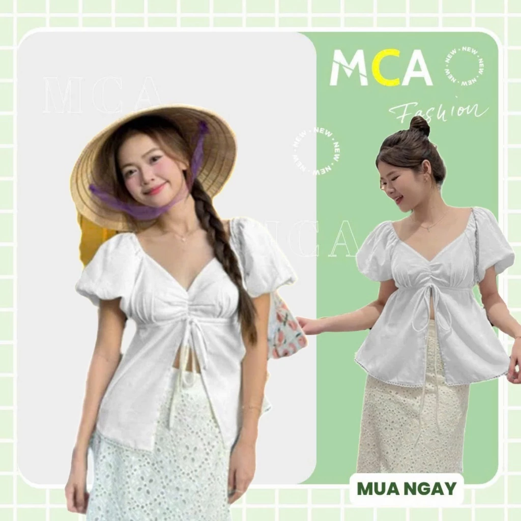 [ Video Sp Thực Tế ] Áo Nữ Trễ Vai Tay Phồng MCA Kiểu Xẻ Tà Phối Viền Ren A51425