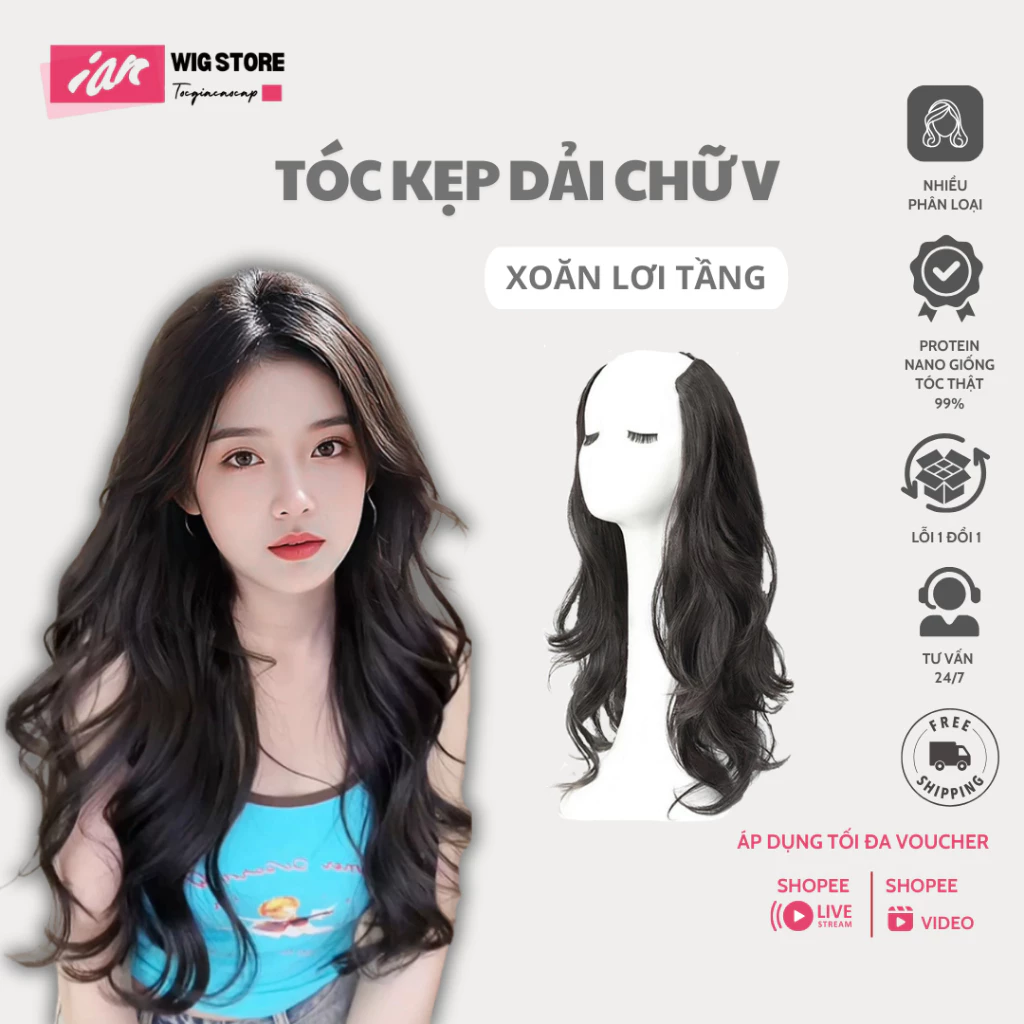 Tóc Giả Kẹp Xoăn iAN, Tóc Kẹp Dải Sóng Lơi Tầng Thời Trang Cao Cấp 55cm