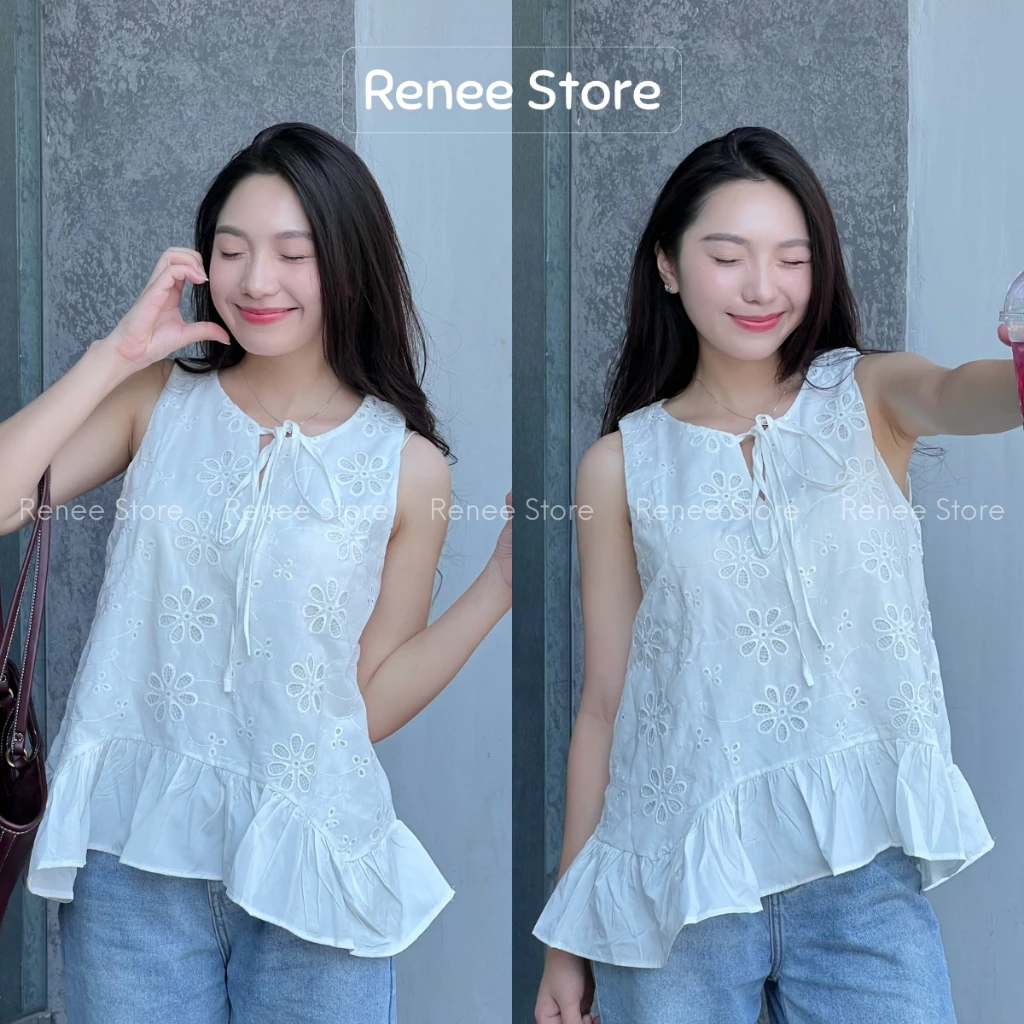 (Ảnh thật) Áo babydoll họa tiết thêu hoa, áo sát nách cổ tròn phối thắt nơ Renee Store - A1102