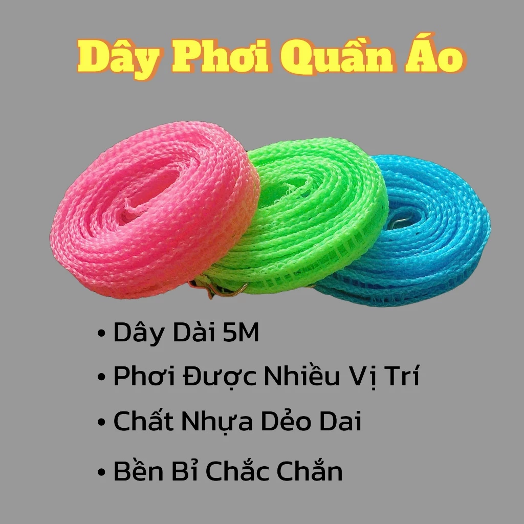 Dây Phơi Quần Áo Dài 5m Có Lỗ Móc,Dây Phơi Đồ Xanh Lá/Hồng/Xanh Dương Chống Trượt & Gió, Bền Bỉ.
