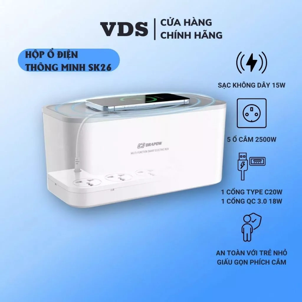 Ổ Cắm Điện Thông Minh SK26 Drapow Chính Hãng – 5 Ổ Cắm, USB-A, QC 3.0, Type-C, Sạc Nhanh Không Dây, Chống Cháy An Toàn