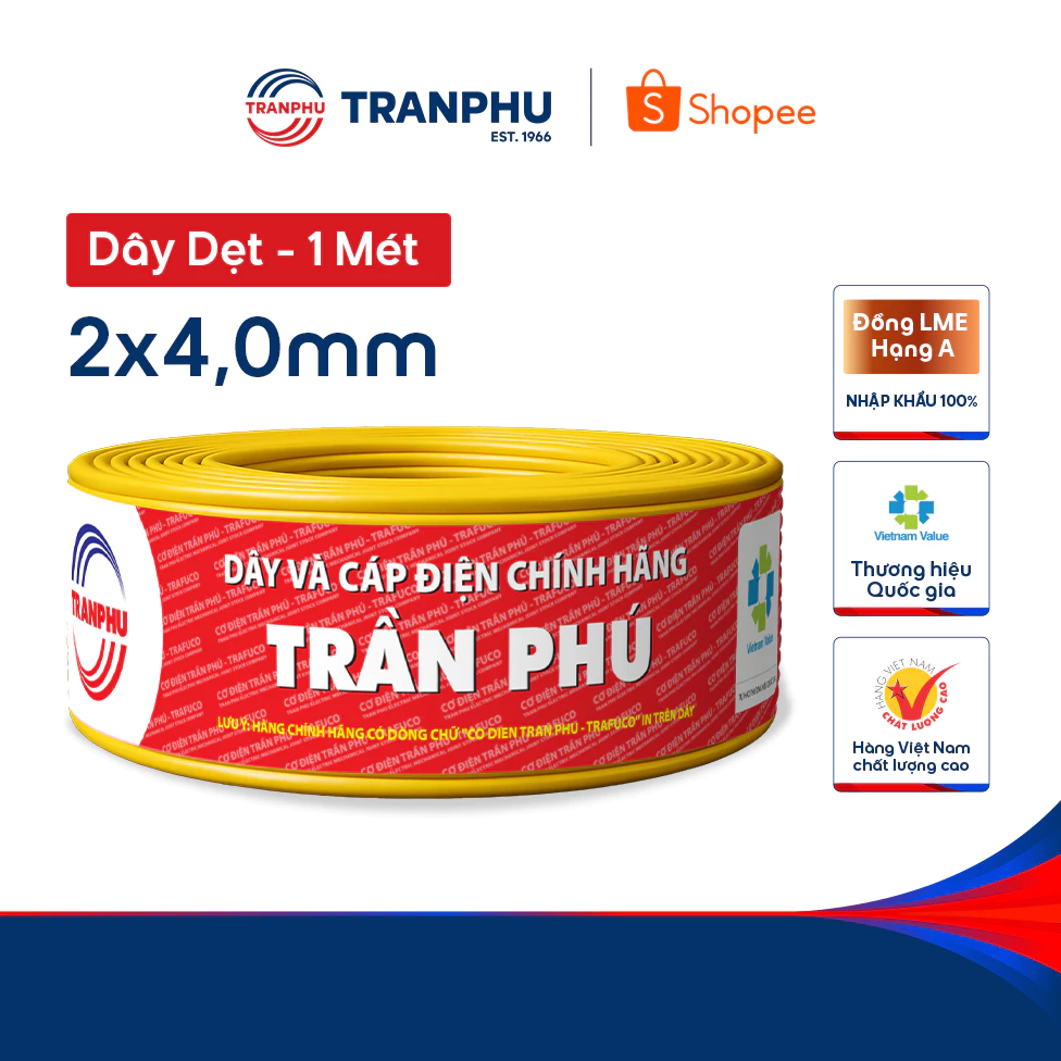 Dây Điện Đôi Dẹt Mềm 2x4,0 Trần Phú Trafuco Chính Hãng, Dây Điện Dân Dụng Lõi Đồng Nguyên Chất, Cách Điện PVC