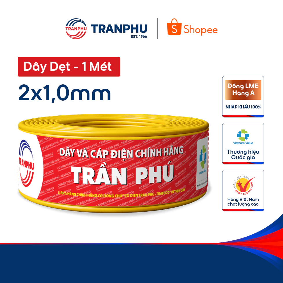 Dây Điện Đôi Dẹt Mềm 2x1,0 Trần Phú Trafuco Chính Hãng, Dây Điện Dân Dụng Lõi Đồng Nguyên Chất Cách Điện PVC