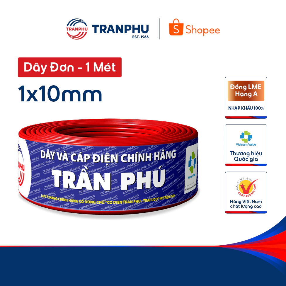 Dây Điện Đơn 1x10 Trần Phú Trafuco Chính Hãng, Dây Điện Dân Dụng Lõi Đồng Nguyên Chất Cách Điện PVC