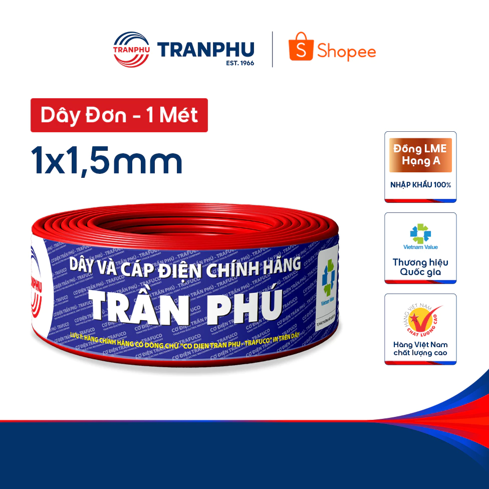 Dây Điện Đơn 1x1,5 Trần Phú Trafuco Chính Hãng, Dây Điện Dân Dụng Lõi Đồng Nguyên Chất Cách Điện PVC