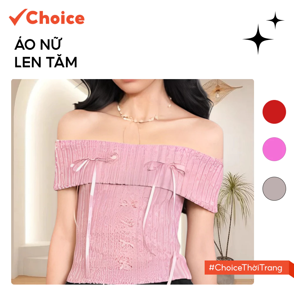 [Choice] Áo Nữ Len Tăm HT69 Trễ Vai, Đính Nơ, Dáng Ôm Body, Tôn Dáng