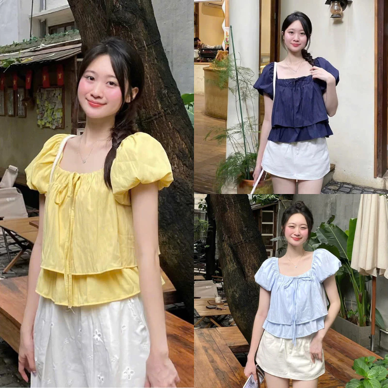 Áo Vai Chun Tay Bồng 2 Tầng Nơ Cổ Dáng Lửng Siêu Xinh MS100