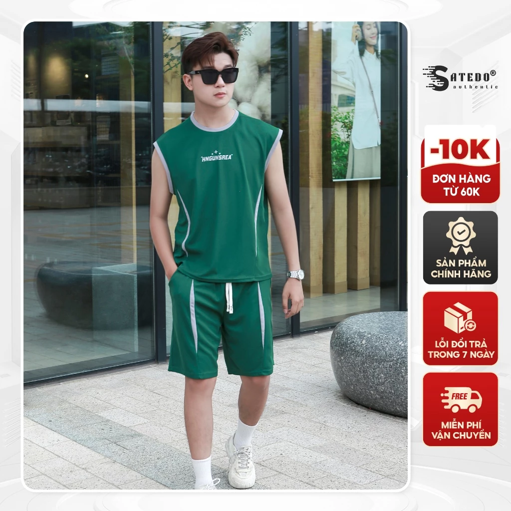 Bộ ba lỗ nam SATEDO áo tank top, quần short, chất liệu vải Cotton Waffle cao cấp mix màu viền Menswear mã SP: S041