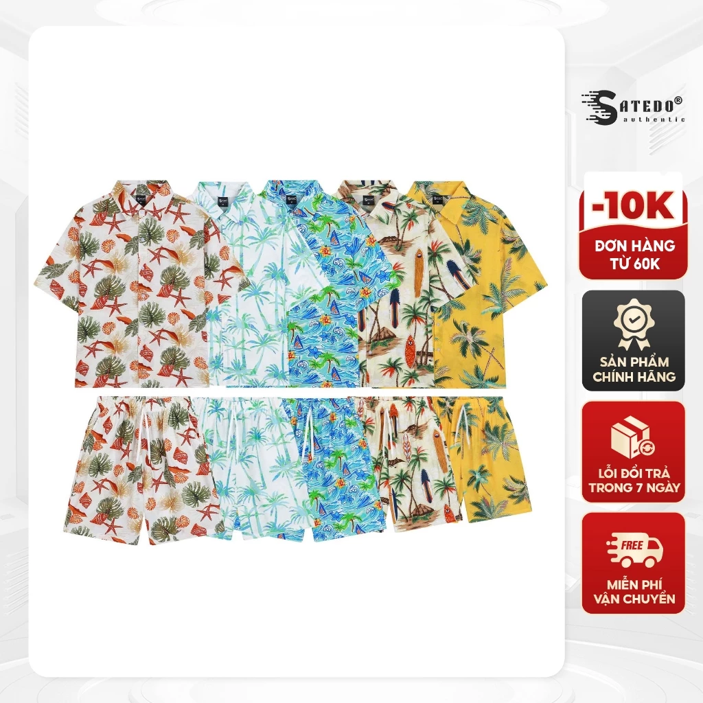 Set bộ quần áo Nam Nữ Đi Biển S ATEDO, cổ bẻ, tay cộc, chất liệu vải Đũi 3D thoáng mát, hoạ tiết hoa lá mã SP: S028