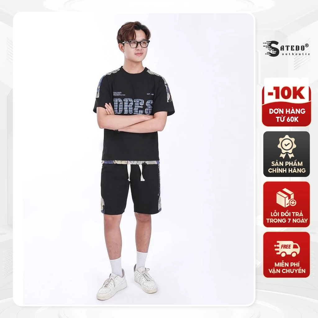 Bộ quần áo nam nữ SATEDO chất liệu vải cotton tổ ong hạt to mix màu pha hình gấu độc đáo kết hợp với Chữ DRES, SKU: S019