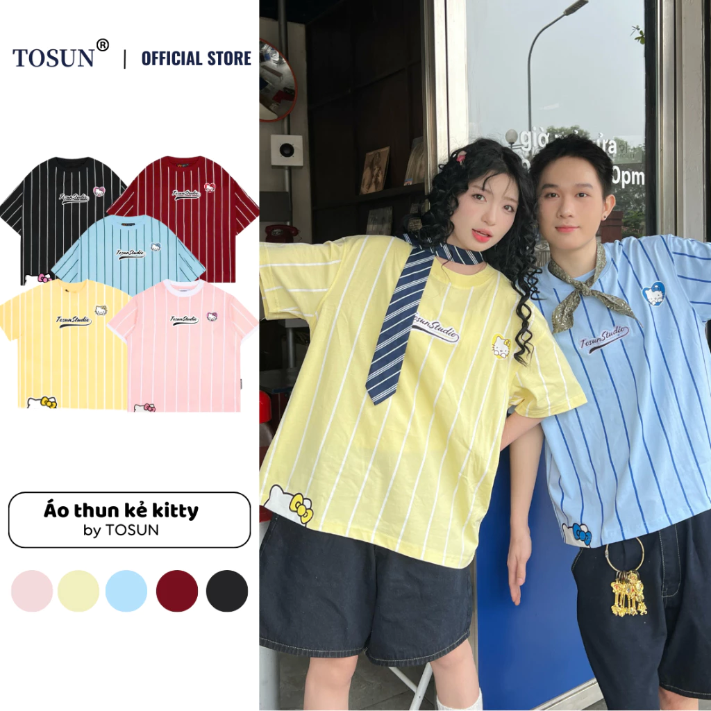 Áo Thun Kẻ Nam Nữ Họa Tiết Kitty Thêu  Basic Áo Phông Ngắn Tay Form Rộng T20