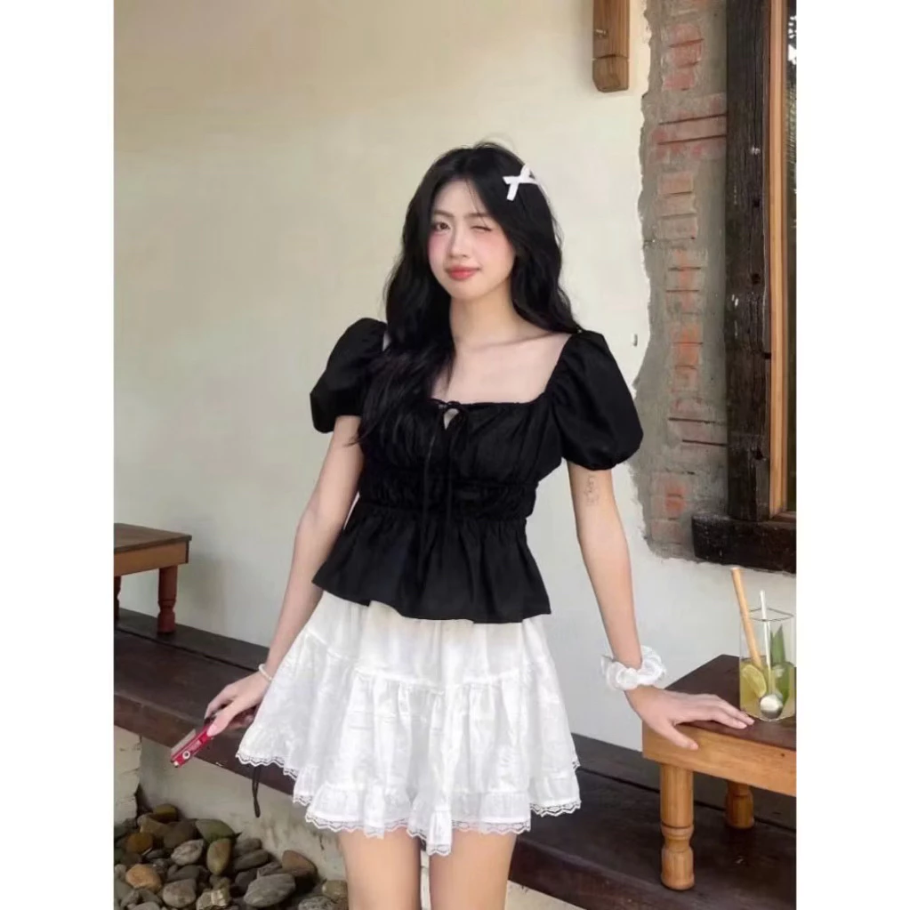 [bigsize 60-90kg] Áo babydoll dễ thuương chếc eo tay phồng (150)