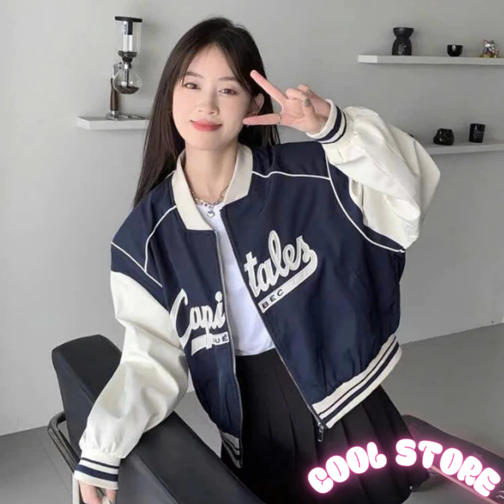 Áo bomber nữ xanh tay trắng thêu ngực 2 lớp dày dặn , hàng chuẩn quảng châu cap cấp COOL STORE K3