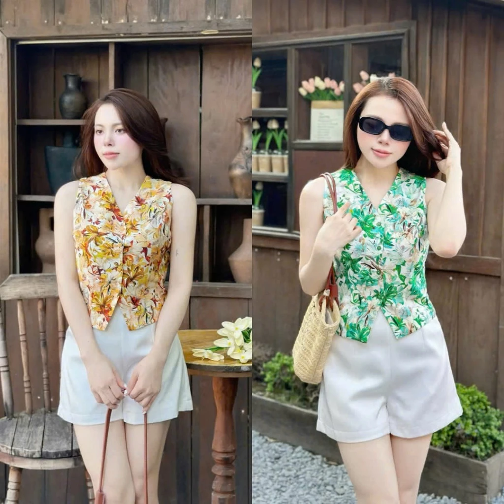 SET BỘ NỮ TAY NGẮN KÈM QUẦN NGẮN CHẤT VẢI COTTON LẠNH GILE HOA SÁT NÁCH PHÙ HỢP ĐI CHƠI-CÔNG SỞ
