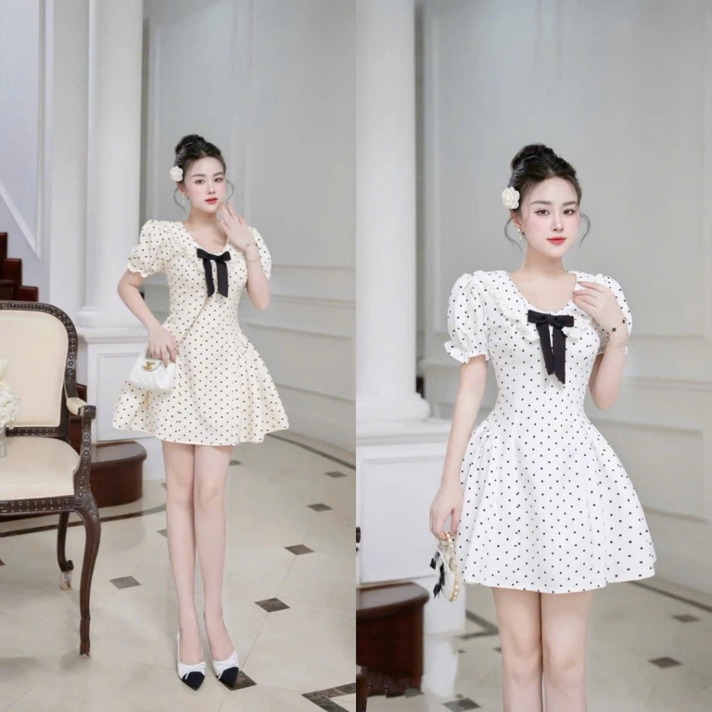 (CÓ BIG SIZE) ĐẦM NỮ HOTTREND MỚI THIẾT KẾ CHẤM BI KÈM NƠ ĐEN TRẺ TRUNG