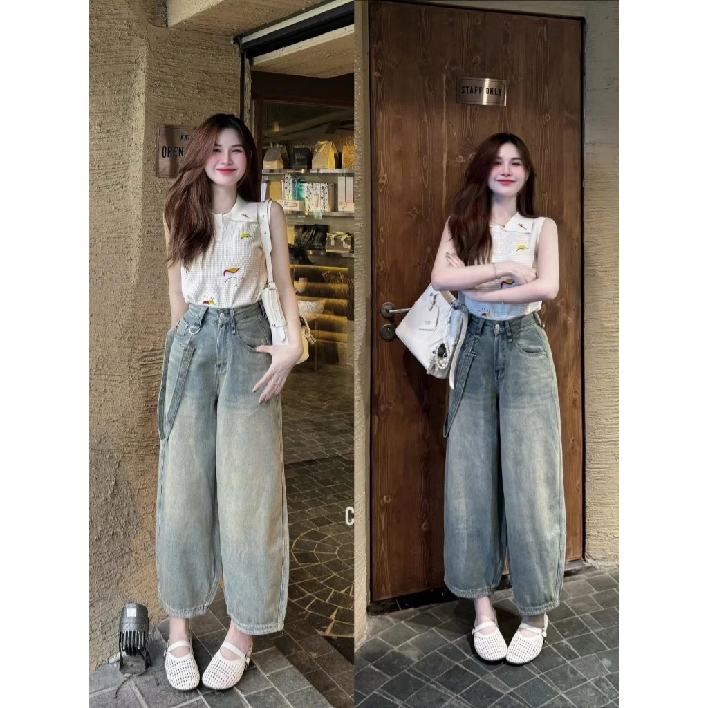 Quần Jeans Baggy Nữ Ống Rộng Chất Denim, Quần Bò Nữ Baggy Túi Cơi Dây Đai Hai Màu Hách Dáng Cực Đỉnh