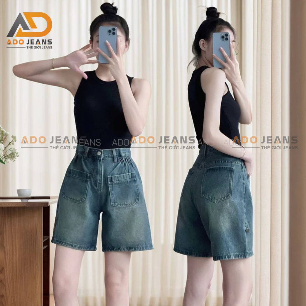 Quần lửng jean eo thun co giãn, quần bò lưng cao ống rộng lai bách siêu dễ thương (Mã 1216)