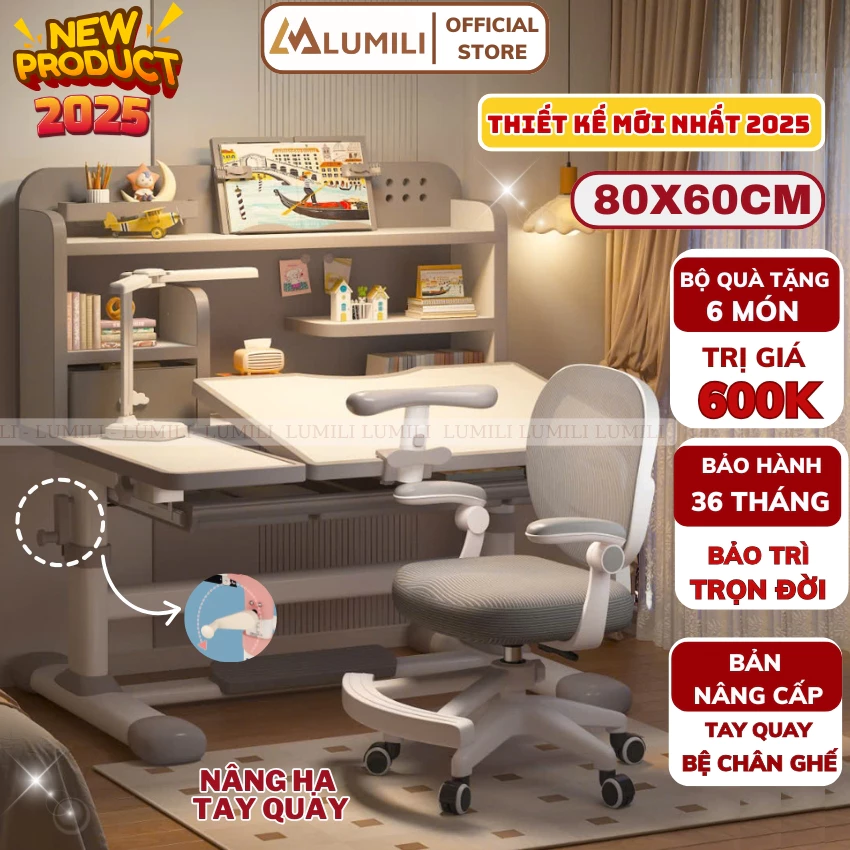 Bàn học sinh Lumili E10 plus có giá sách chống gù chống cận, bàn học chống gù cho trẻ em kèm ghế xoay