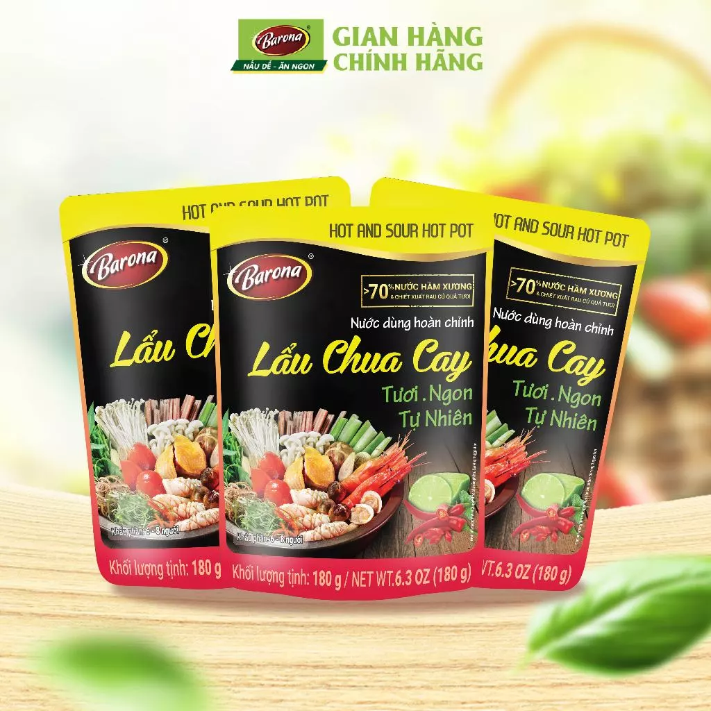 Combo 3 gói Nước dùng Lẩu Chua Cay Barona 180g tươi ngon chuẩn vị không cần nêm nếm