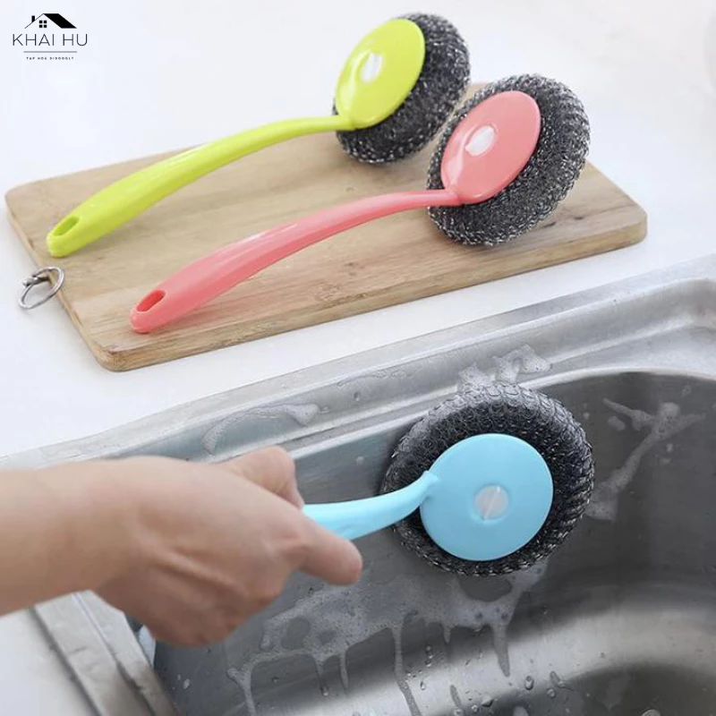 Cọ Chà Xoong Nồi Có Cán Cầm Cước Sắt Rửa Chảo Inox - Cọ Chà Vệ Sinh Bồn Rửa Tiện Lợi
