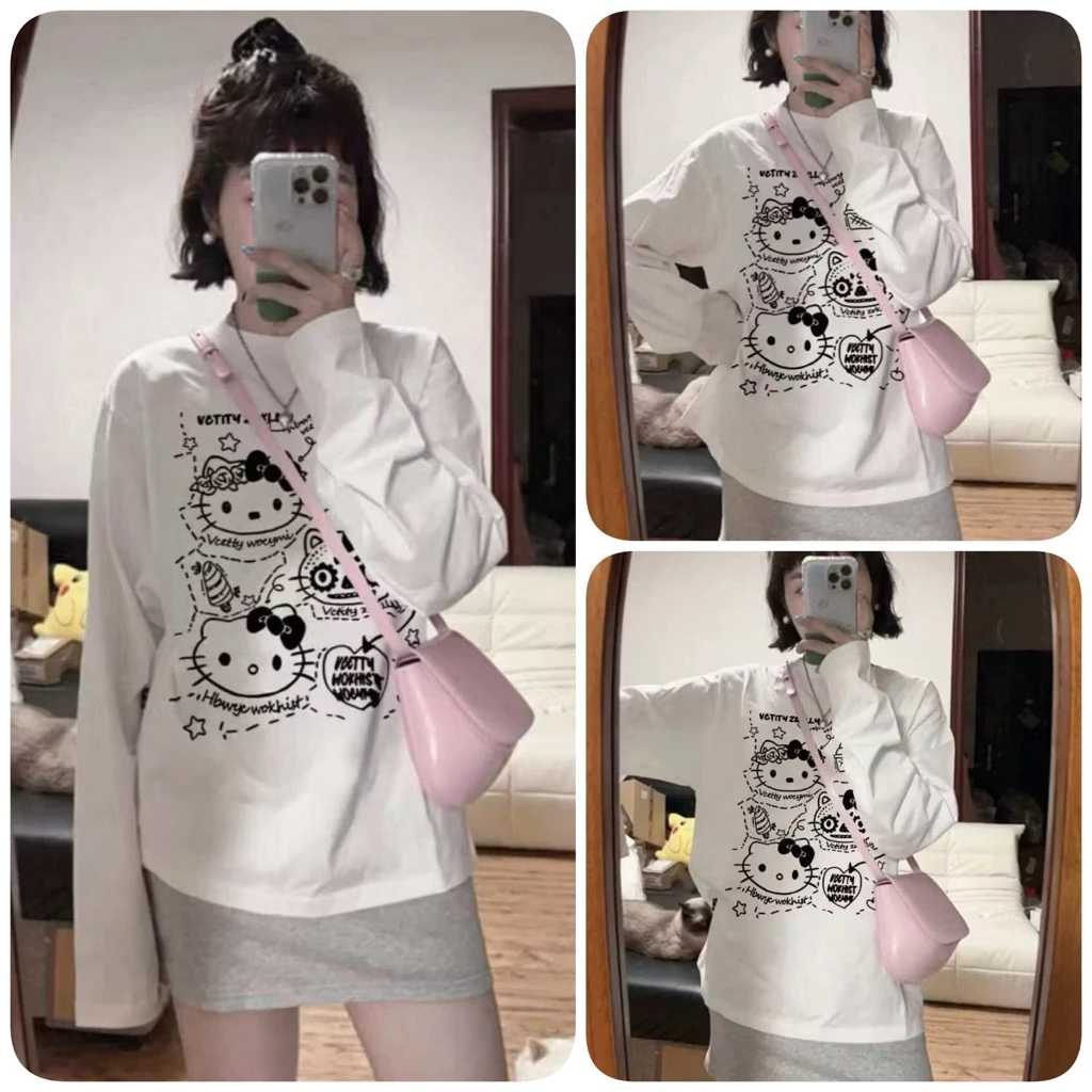 Áo Thun Dài Tay From Rộng Hình Hello Kitty Nữ  ,Sweeter Chất Nỉ Da Cá Phong Cách Hàn Quốc Siêu Xinh