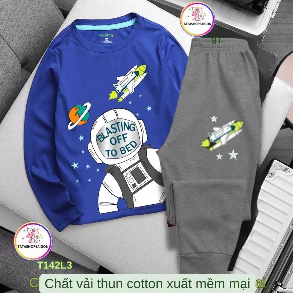 11 đến 50kg Bộ quần áo bé trai dài tay quần dài hình khủng long hình xe hàng xuất dư T142